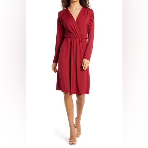 Fraiche by J Red V-Neck Long Sleeve Faux Wrap Stretch Knit Dress - Picture 2 of 11